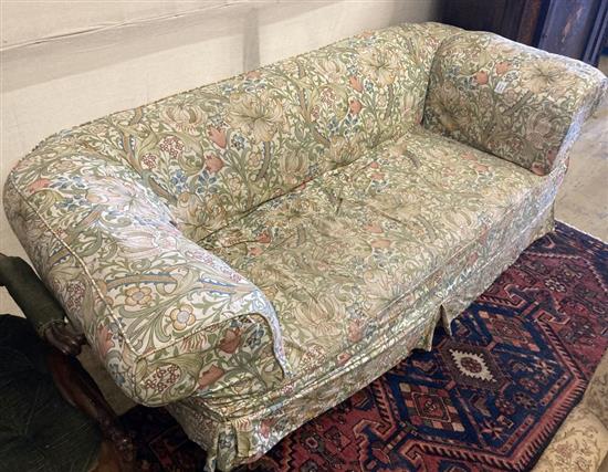 An early 20th century drop arm Chesterfield settee with Morris fabric loose cover, width 185cm, depth 84cm, height 66cm